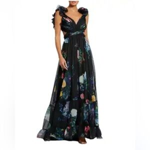 Mac Duggal Black One Shoulder Flutter Sleeve Sundress
